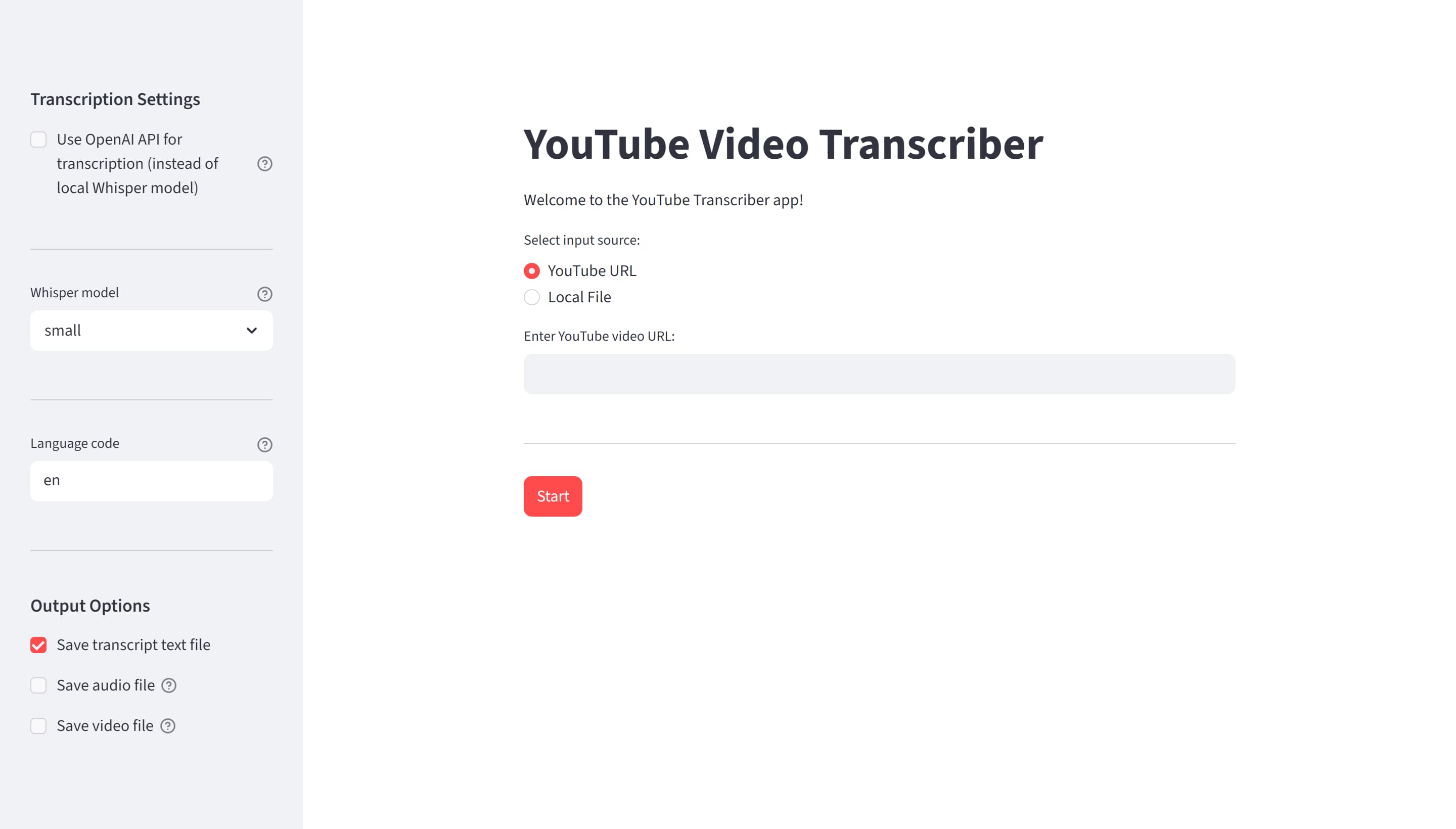 Screenshot of YouTube Video Transcriber