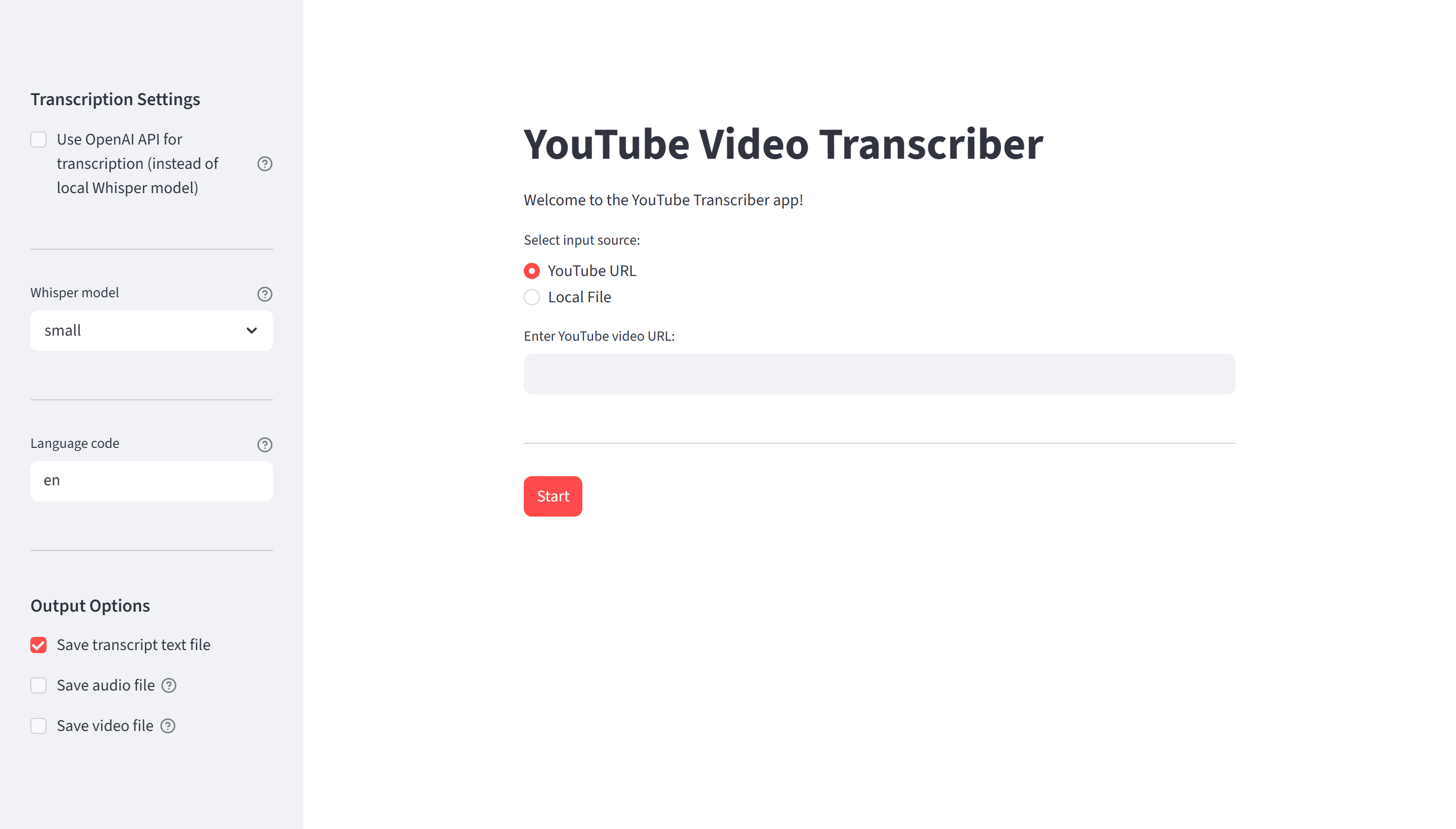 Screenshot of YouTube Video Transcriber